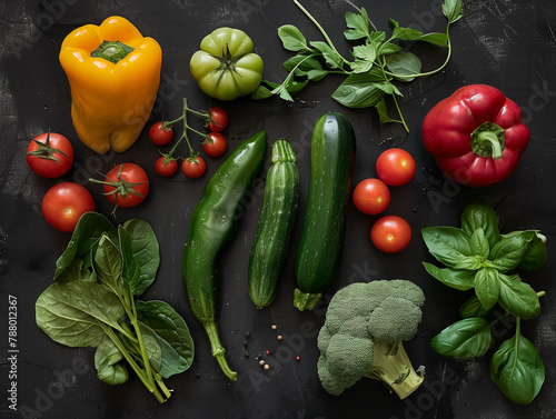 Fresh summer vegetables flatlay on green background. Tomatoes, pepper, parsley, broccoli, basil, squash, zucchini