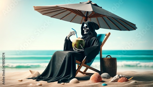 skeleton sitting on a beach in a lawn chair, drinking a coconut photo