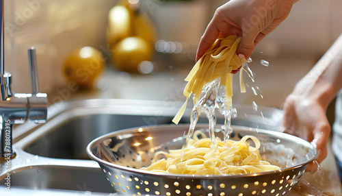 Woman pouring water from boiled pasta into colander in sink