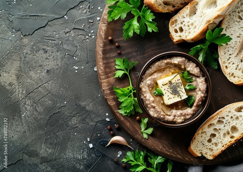 Chicken liver pate on baguette with seeds and herbs on rustic serving board French cuisine theme Vintage setup with stone background top view