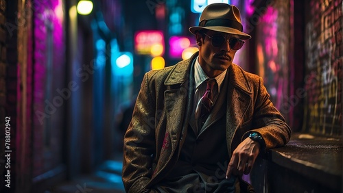 A man wearing a hat and trench coat is sitting in a dark room.