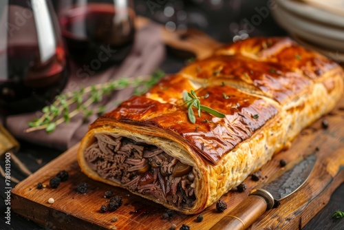 Classic French Pate en croute with goose meat and liver served with red wine on a wooden board photo