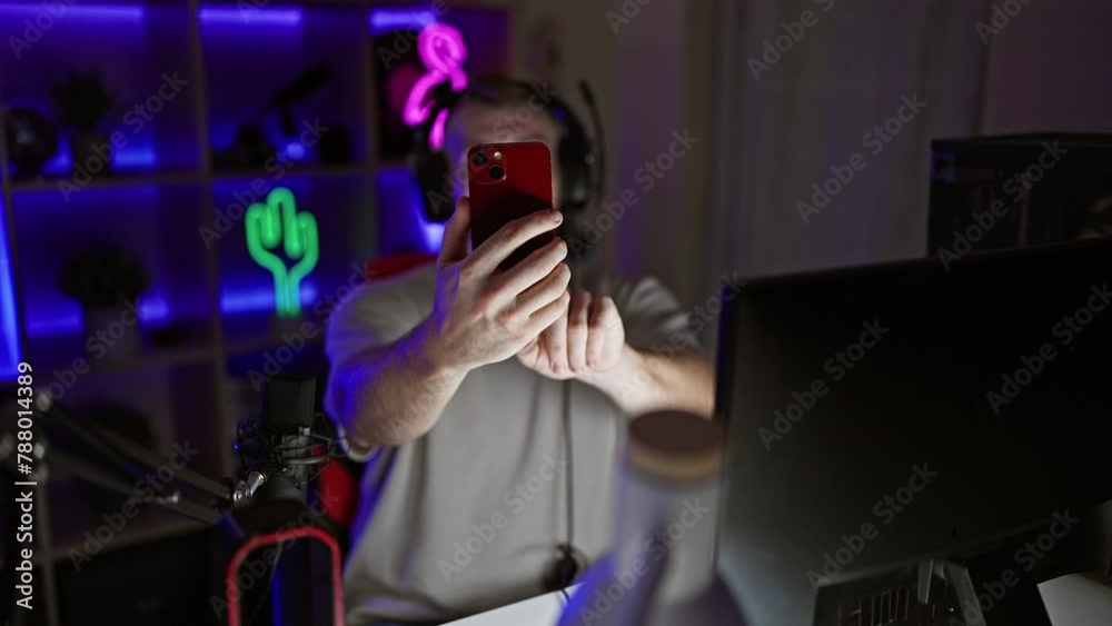 A handsome man using a smartphone in a neon-lit gaming room at night. A handsome man using a smartphone in a neon-lit gaming room at night.