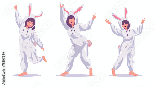 Funny young woman dancing in rabbit kigurumi 