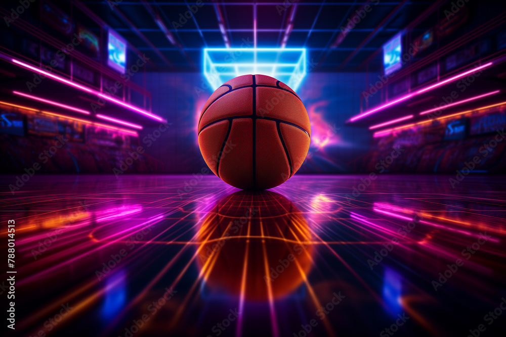 Generative AI of a basketball ball in a modern arena. Generative AI of a basketball ball in a modern arena.