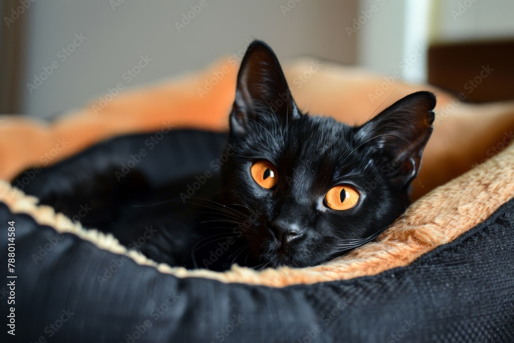 A black cat with orange eyes on a black bed in a cozy room looks at the camera.
