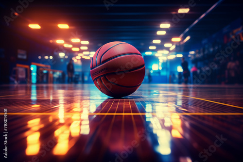 Generative AI of a basketball ball in a modern arena. 