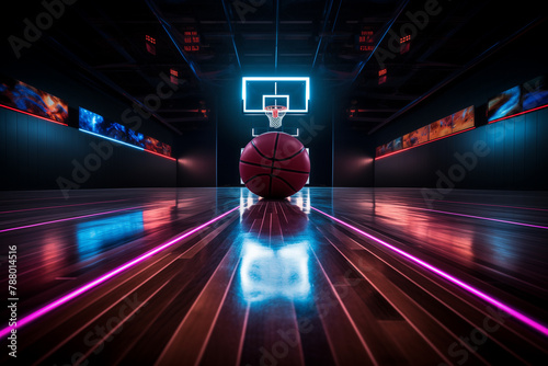Generative AI of a basketball ball in a modern arena.  photo