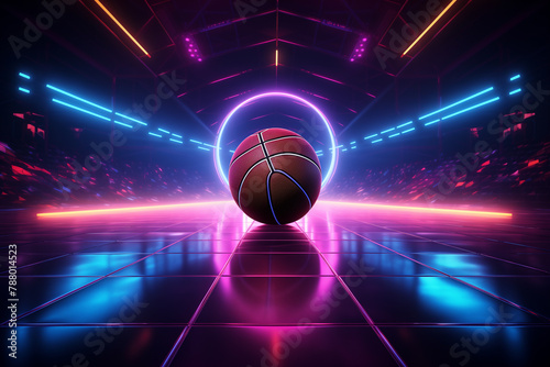 Generative AI of a basketball ball in a modern arena.  © belyaaa