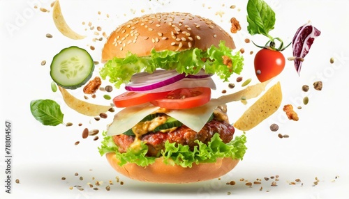 Delicious burger with floating ingridients