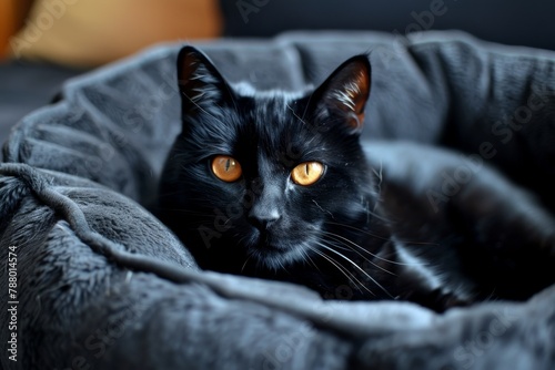 A black cat with orange eyes on a black bed in a cozy room looks at the camera.