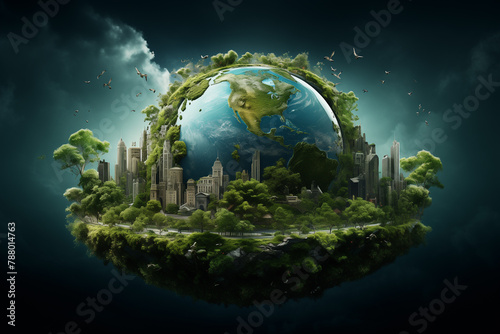 Illustration of a thriving planet Earth with a lot of greenery and foliage. Generative Ai. 