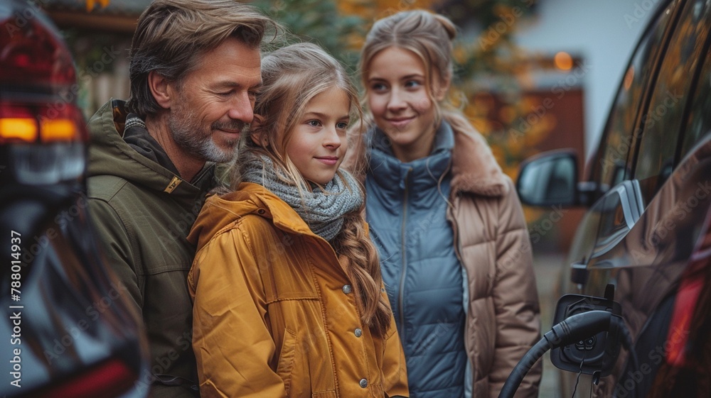 Families with electric cars and charging stations at home Green and clean energy from electric vehicles for a better environment. Families with electric cars and charging stations at home Green and clean energy from electric vehicles for a better environment.
