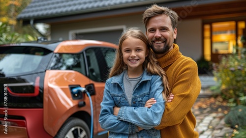Families with electric cars and charging stations at home Green and clean energy from electric vehicles for a better environment.