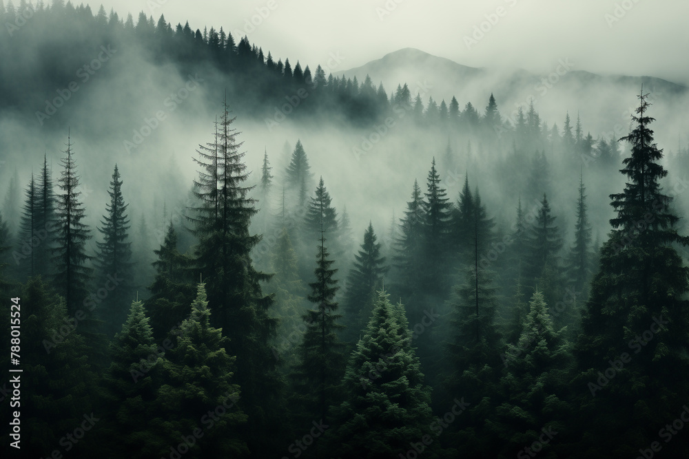 	
Dense morning fog in alpine landscape with fir trees and mountains.	
