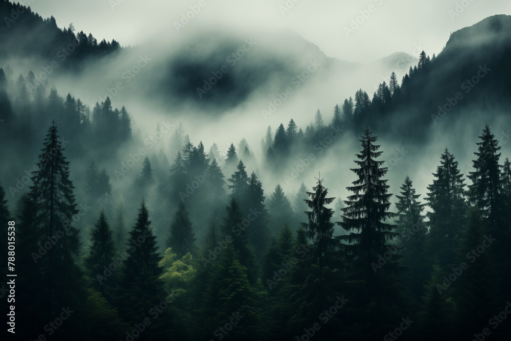 	
Dense morning fog in alpine landscape with fir trees and mountains.	
