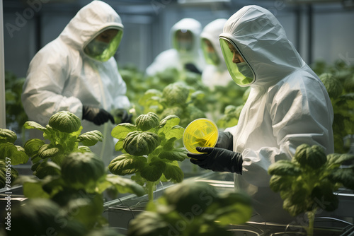 Generative AI of biologists in protective 
 suits growing  vegetables in a lab. 