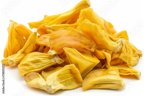 Close up of dried jackfruit chips on white background photo