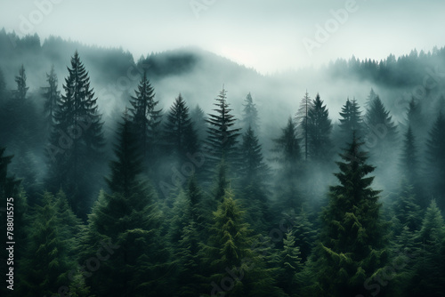  Dense morning fog in alpine landscape with fir trees and mountains. 