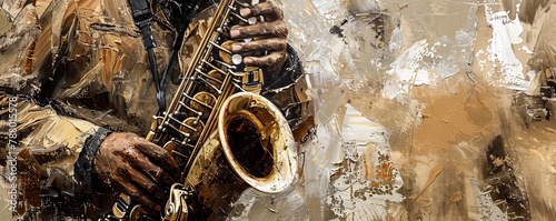 International Jazz Day festival panorama. Oil painting of music band.