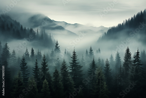  Dense morning fog in alpine landscape with fir trees and mountains. 