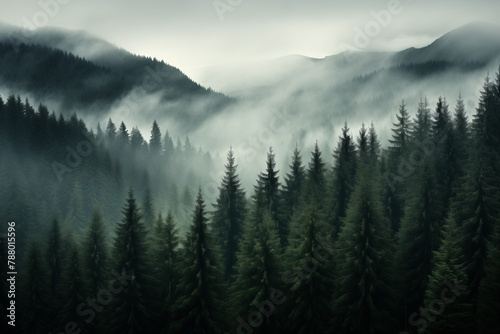   Dense morning fog in alpine landscape with fir trees and mountains.   © belyaaa