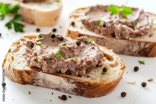 Close up of homemade liver pate sandwich on white background