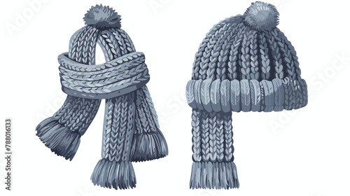 Gray knitted chullo and scarf for kids. Winter or aut photo