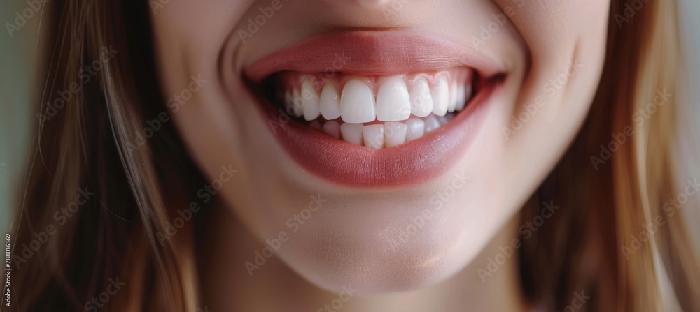 woman smiling with white teeth close up in a dental clinic background with a banner for a healthy smile and clean teeth concept. Copy space for a text banner stock photo concept. woman smiling with white teeth close up in a dental clinic background with a banner for a healthy smile and clean teeth concept. Copy space for a text banner stock photo concept.