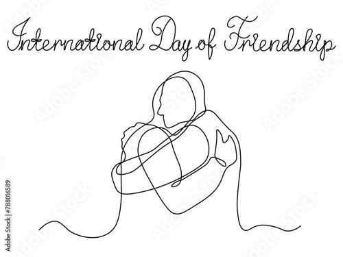 International Day of Friendship. Two people hug each other, continuous single line art hand drawing sketch