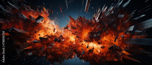 Dynamic 3D geometric shards breaking apart in a digital explosion photo