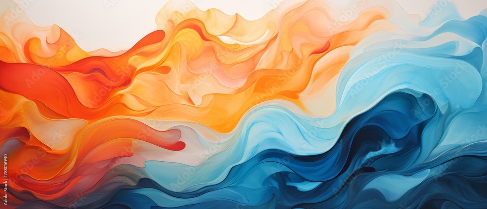 Electric blue and fiery orange abstract waves, merging dynamically