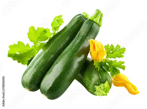 Fresh zucchini vegetables with green leaves and yellow flowers. Organic natural food. Isolated. PNG.