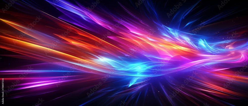 High-energy abstract beams shooting across a dark backdrop in fluorescent colors High-energy abstract beams shooting across a dark backdrop in fluorescent colors