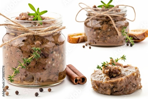 Collage with pate in jar on white background various angles