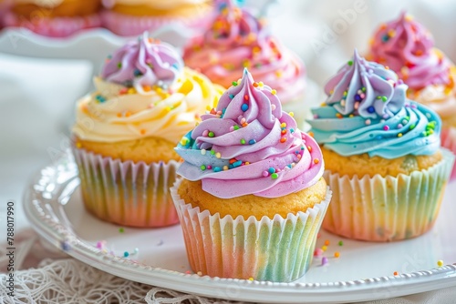 Colorful delicious cupcakes on white plate