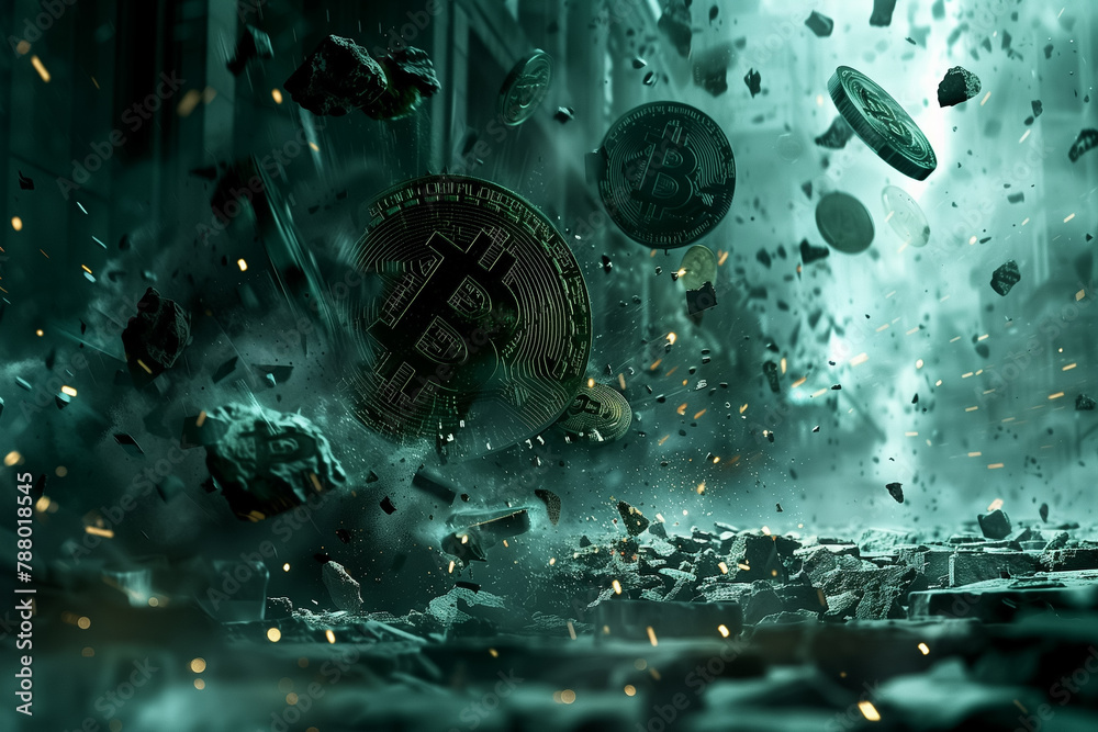 A dark, cinematic portrayal of Bitcoin during a market downfall.