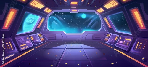 Spaceship interior. Cartoon illustration of a futuristic space station command deck with a view of outer space through the front viewport, ideal for game background or sci-fi scenes. photo