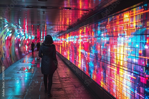 Cybernetic street art, blending digital displays with graffiti, urban beautification photo