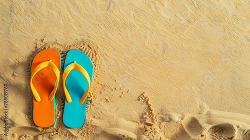 Colorful beach flip flops on the sand. Summer holidays and travel banner with copy space.