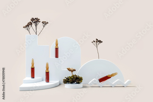 medical ampoules, moss, mushrooms and geometric shapes on a beige background