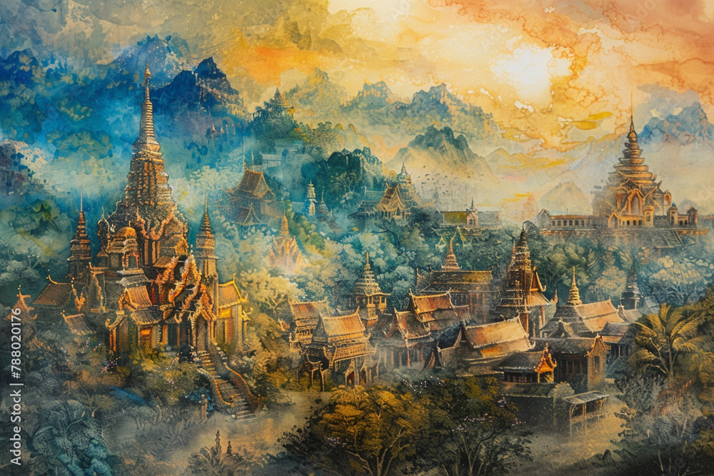 An ethereal Thai painting unveils an ancient town, its architecture and stories captured in vibrant colors and delicate brushstrokes. - obrazy, fototapety, plakaty 