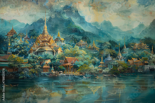 A Thai painting transports you to a bygone era, showcasing the ethereal beauty of an ancient town with its ornate details and vibrant colors.