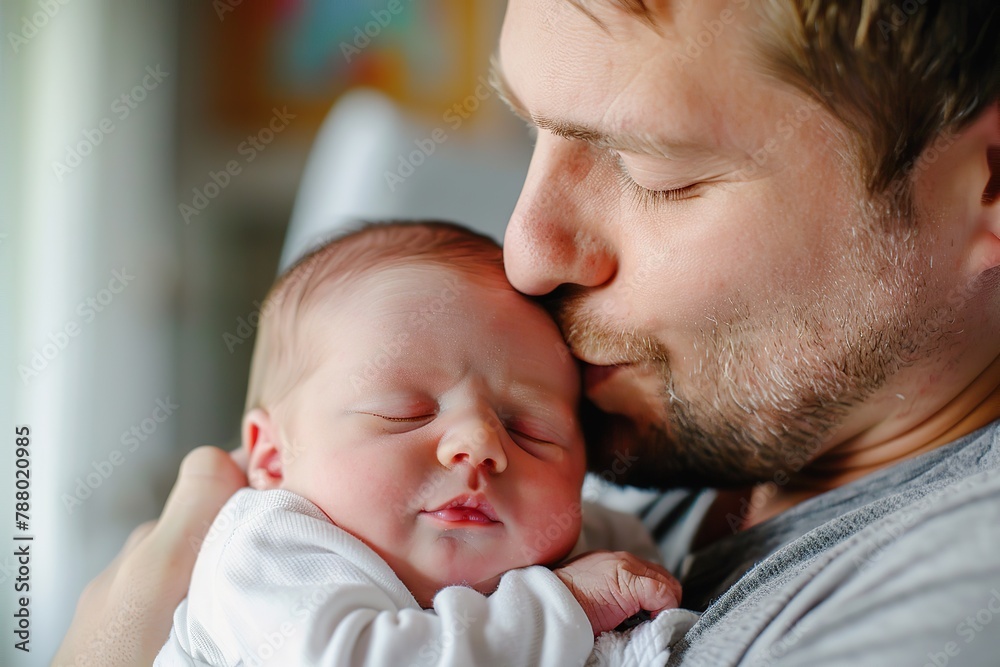 New father holding kissing his newborn baby in hands. Closeup portrait of mature daddy hugging infant child. Lifestyle together, single dad, father’s day holiday. Sleeping baby in dads arm. Childbirth