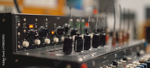 Audio equipment close-up. Selective focus on a mixed signal oscilloscope with knobs and switches, essential for sound engineering and electronic diagnostics.