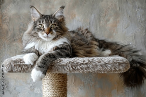 Curious Maine Coon cat resting on scratching post platform