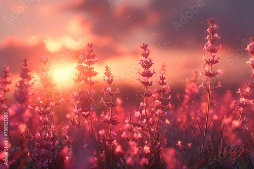 Field of Purple Flowers With Sun Background. Generative AI