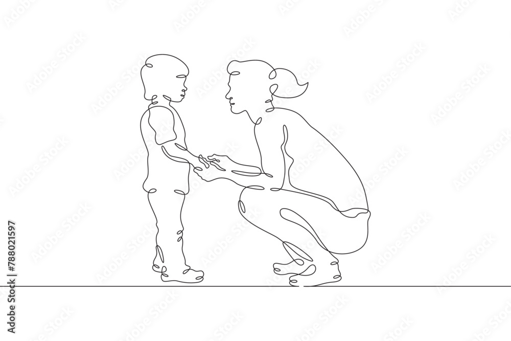 Mother with child. Teacher with a baby in kindergarten. Teacher with student in elementary school. One continuous line . Line art. Minimal single line.White background. One line drawing. 