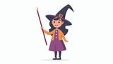 Happy little girl in witch hat holding magic cane vector