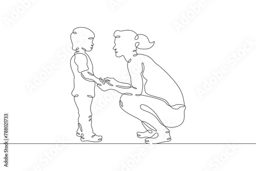 Mother with child. Teacher with a baby in kindergarten. Teacher with student in elementary school. One continuous line . Line art. Minimal single line.White background. One line drawing. 